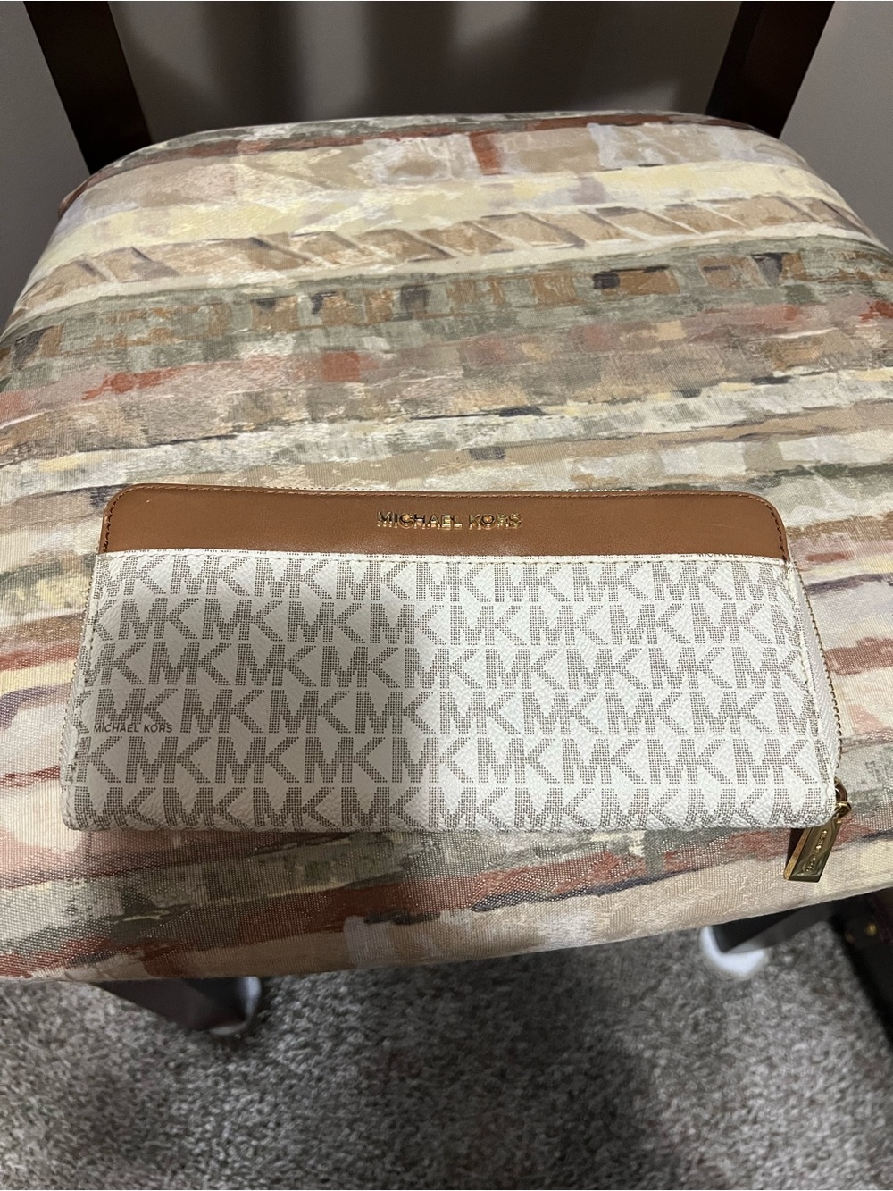 Michael Kors Cream and Tan Logo Zip Wallet with Gold Hardware